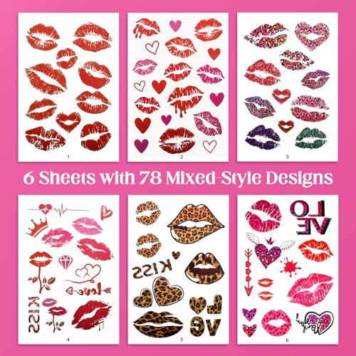 Allyix Kiss Temporary Tattoos - 78 Waterproof Lip Sticker Designs for Parties