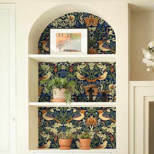 Self Adhesive Vintage Bird Shelf Liner Dark Blue 17.3"W x 78.7"L - Waterproof Drawer & Cabinet Cover