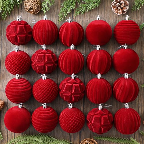 24 Pc Christmas Red Burgundy Velvet Ball Ornaments - 2.76 Inch Flocked Holiday Decor