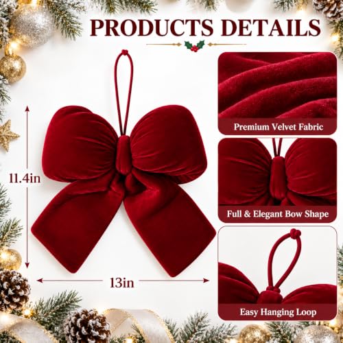 Allyix Christmas Red Velvet Large Bow - 13 x 11.4 Inch Holiday Decor