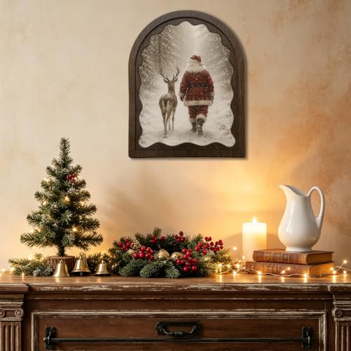 Santa and Reindeer Wood Framed Arch Sign - Christmas Tabletop Decor - Variation 03