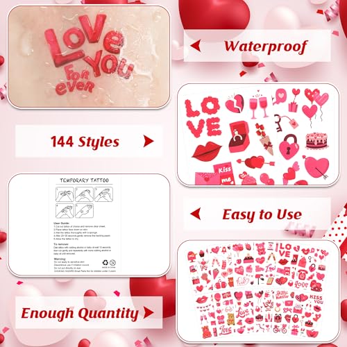 Huskein 144 PCS Valentine's Day Temporary Tattoos - Waterproof Romantic Heart Fake Tattoos for Party Favors