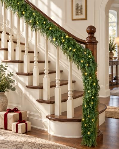 9FT Christmas Cedar Garland - Pre-Lit & Realistic Greenery with 8 Lighting Modes - Cascade Cedar Style, 2 Pack