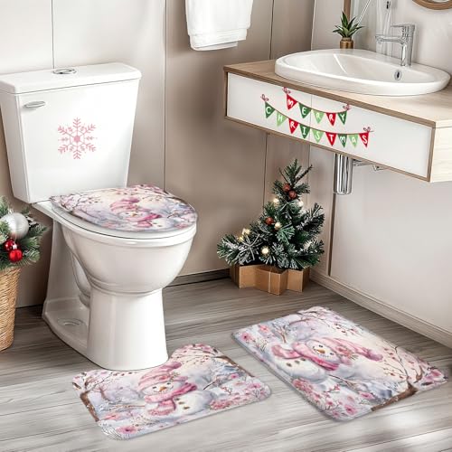Pink Snowman Christmas Shower Curtain Set with Bath Mats and Toilet Cover