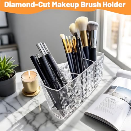 IIDEA 2-Pc Acrylic Makeup Brush Holder, 3-Compartment Cosmetic Organizer - White