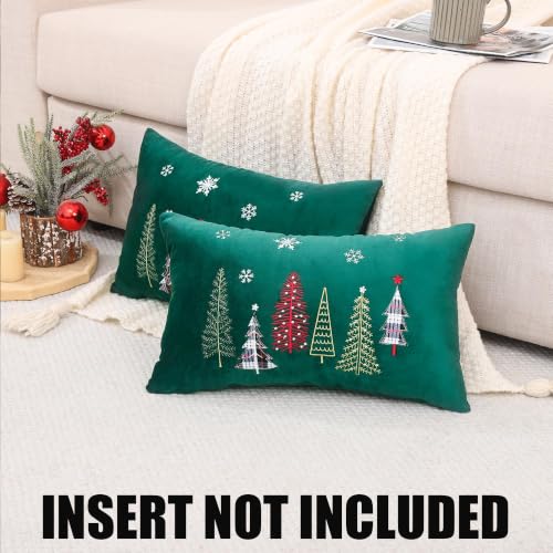 Christmas Pillow Covers 12x20 Set of 2 - Green Xmas Tree Decorative Cushion Cases
