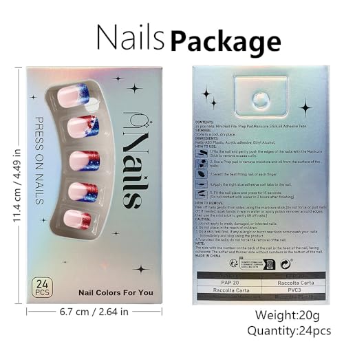 POWPOP Independence Day Short Square Press On Nails 24pcs Blue White Glitter False Acrylic Nails