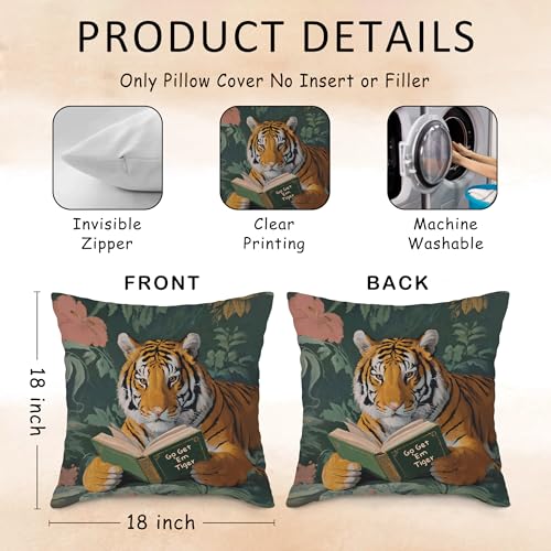 Whimsical Tiger Reading Throw Pillow Cover - 18x18 Inch, Funky Design for Sofa & Office