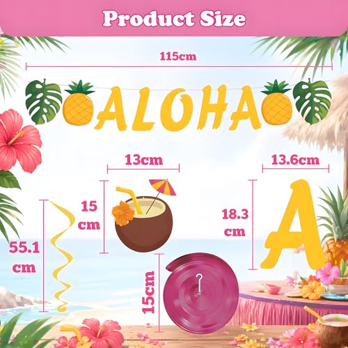 Hawaiian Luau Party Decorations Kit - 9PCS Hanging Swirls & ALOHA Banner