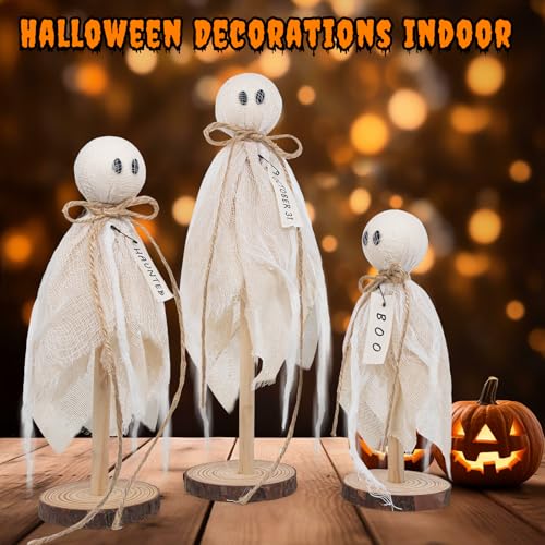 White Wooden Ghost Halloween Decorations - Set of 3 Rustic Shelf Sitters