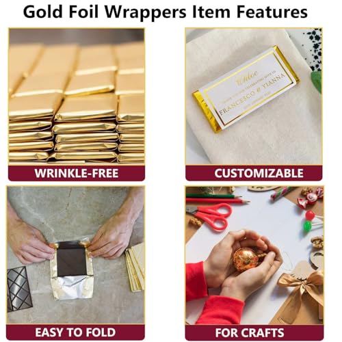 100 Pack Gold Foil Candy Bar Wrappers with Stickers, 6"x7.5"