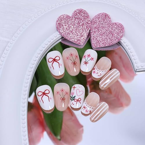Short Almond French Tip Press On Nails with Heart and Bow Designs, 24Pcs