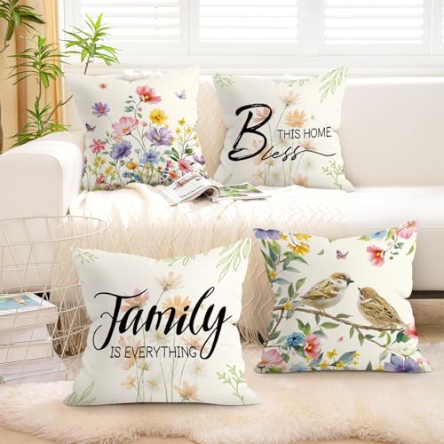 Joymaison 18x18 Velvet Throw Pillow Covers, Set of 4 Spring Floral Birds
