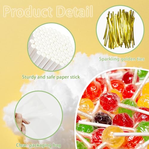 4-Inch Gold Lollipop Sticks Set with Bags & Ties - 100 Pcs