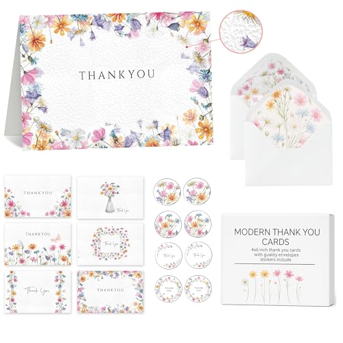 Racrico 24 Thank You Cards with Envelopes – 6 Floral Designs
