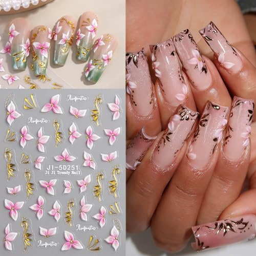 5D Embossed Flower Nail Stickers - Pink & White Floral Decals (4 Sheets)