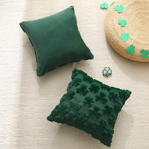 Set of 2 St. Patrick's Day Shamrock Pillow Covers - 18x18 Inch Dark Green Faux Fur