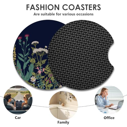 Black Flower 2 Pack Car Coasters 2.75-inch Neoprene Non-Slip Cup Holders