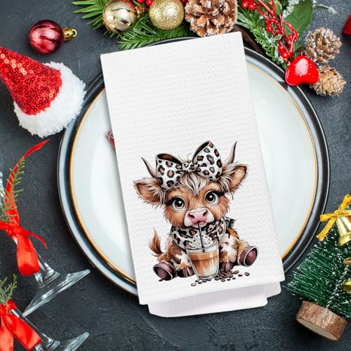 Highland Cow Kitchen Towels with Leopard Bow - 16x24 Inch