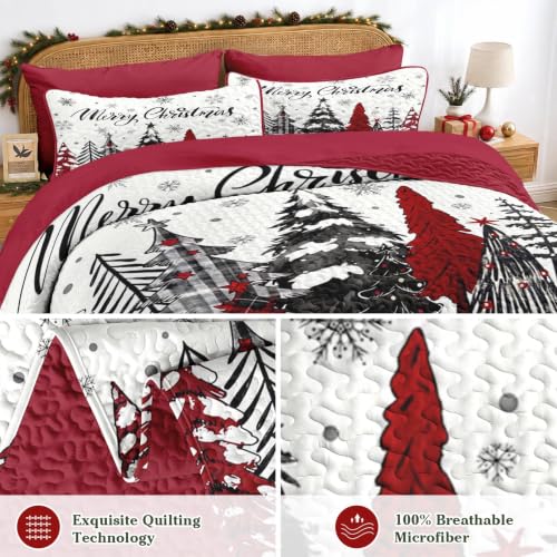 Queen Christmas Quilt Set with Tree Plaid Pattern - 7 Pieces Winter Bedding - Variation: Christmas Trees 1