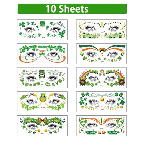 St. Patrick's Day Temporary Tattoos - 10 Sheets Waterproof Shamrock Face Stickers