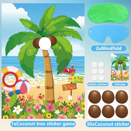 Hawaiian Luau Party Game - Pin The Coconut on Palm Tree Set