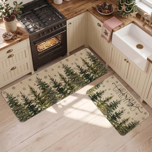 Christmas Kitchen Mats Set of 2 Non Slip Washable Pine Tree Christmas Rugs - Indoor Holiday Decor