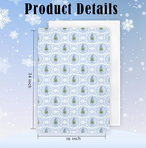 Christmas Blue Bow Tree Chinoiserie Kitchen Towels - Holiday Hand & Dish Towels