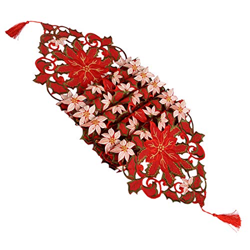 Simhomsen Christmas Poinsettia Embroidered Table Runner 13x72 Inch - Holiday Decor