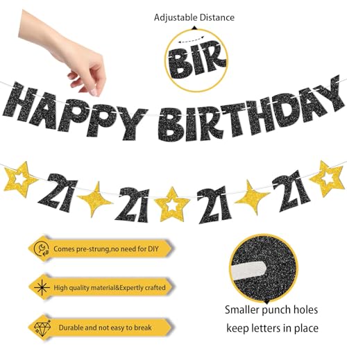 Black and Gold 21st Birthday Banner - Pre-Strung Glitter Party Decoration
