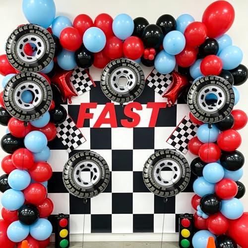 30-Inch Race Car Tire Balloons - 6 Pack Checkered Foil Wheel Decorations