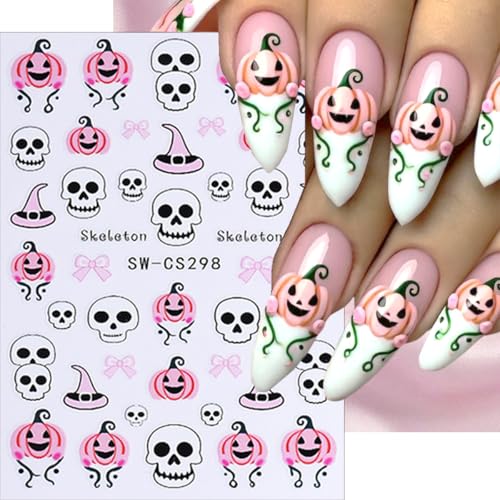 KTAABTR 8 Sheets Halloween Nail Stickers 3D Spiders Skulls & Pumpkins Decals