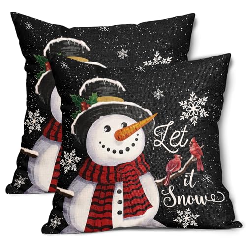 Christmas Black Pillow Covers 18x18 Inch Snowman Snowflake Set of 2 - Holiday Home Decor