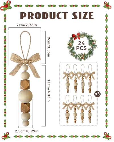 24Pcs Wooden Beads Christmas Tree Ornaments - Gold & Rustic Boho Xmas Decor
