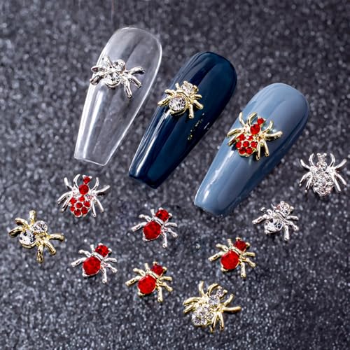 20Pcs 3D Alloy Spider Nail Charms with Red Crystal Rhinestones Punk Gems