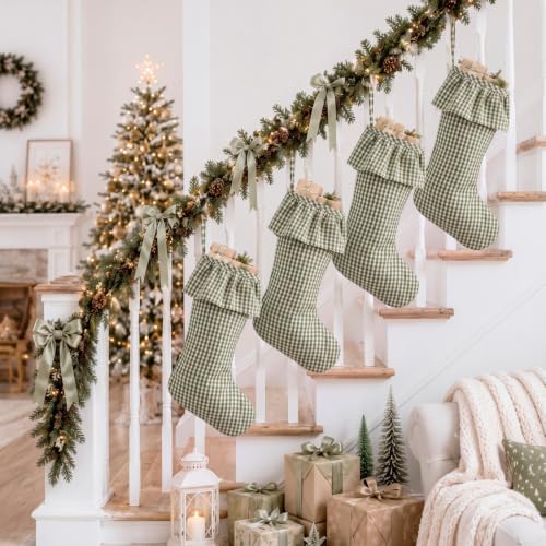Green Gingham Christmas Stockings - 4 Pack, 18 Inches Large Ruffled Holiday Stockings