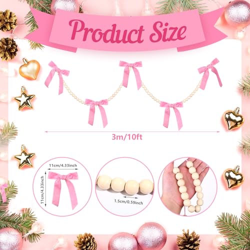Pink Pearl Garland with Satin Bows 9.8Ft Christmas Party Decor