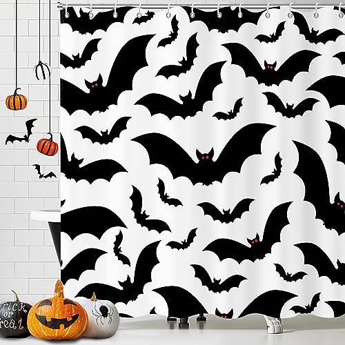 Halloween Bat Shower Curtain - Black and White Waterproof Fabric 72x72