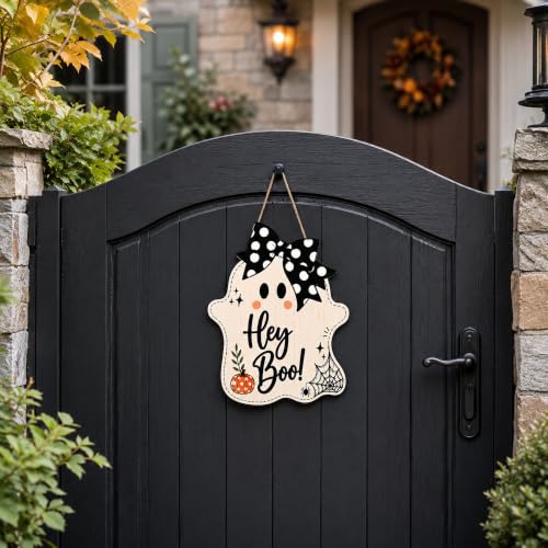 Hey Boo Ghost Door Sign - Cute Wooden Halloween Decoration