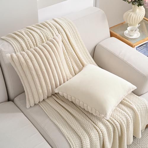 Volcanics Set of 2 Beige Faux Fur Throw Pillow Covers 18x18