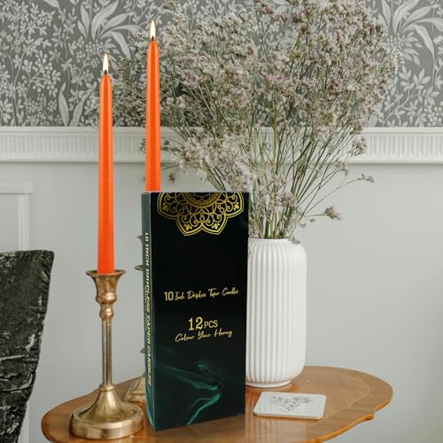 10-Inch Orange Taper Candles - 12 Pack, Unscented & Dripless for Events