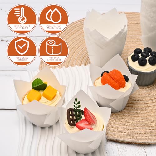 JIRNGLA 200pcs White Tulip Cupcake Liners, Greaseproof Parchment Muffin Cups