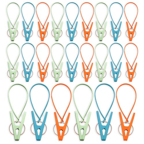 24 Pack Plastic Clothes Pins with Rope - Multicolor Windproof Clothesline Clips for Laundry & Organization