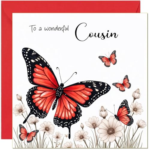 Red Butterfly Birthday Card for Cousin with Envelope - Eco-Friendly