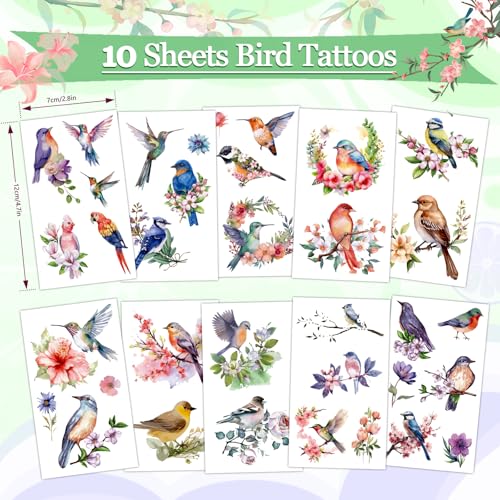 Konsait Bird Temporary Tattoos for Kids - 10 Sheets Hummingbird and Flower Fake Tattoos for Party Favors