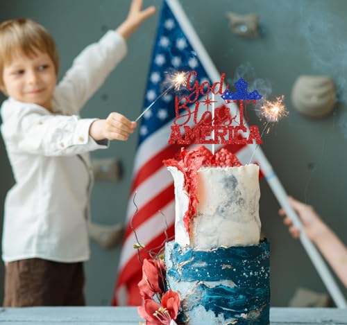Red Glitter God Bless America Cake Topper for 4th of July