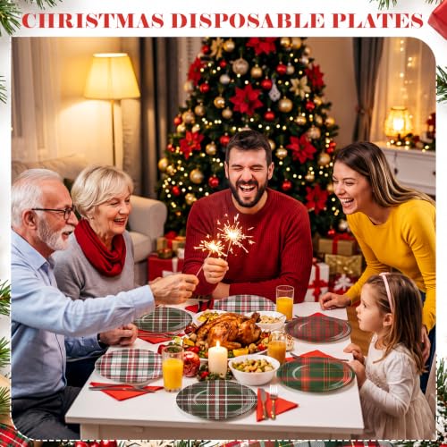 Christmas Plaid Paper Plates Set 120 Pcs - Red, Green, White, 7 Inch