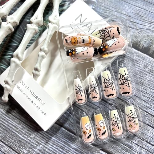 Halloween Pink Press on Nails Medium Ballet Pumpkin Ghost False Nails