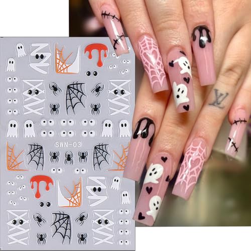 5D Embossed Halloween Nail Stickers, Ghost Spider Web Pumpkin Nail Decals