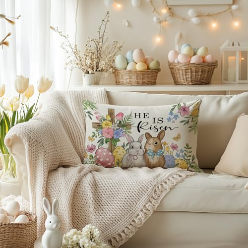 Easter Pillow Cover 12x20 Inch with Cross Bunny Eggs Design